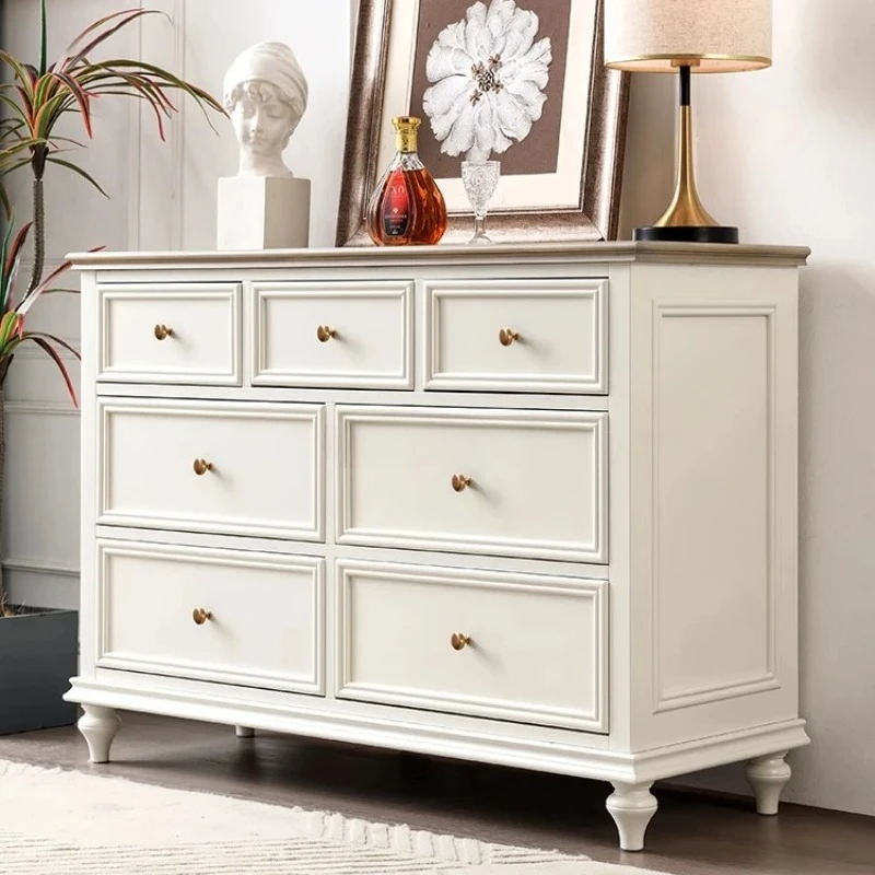 

American solid wood seven-chest cabinet white cream style retro living room master bedroom bedside cabinet