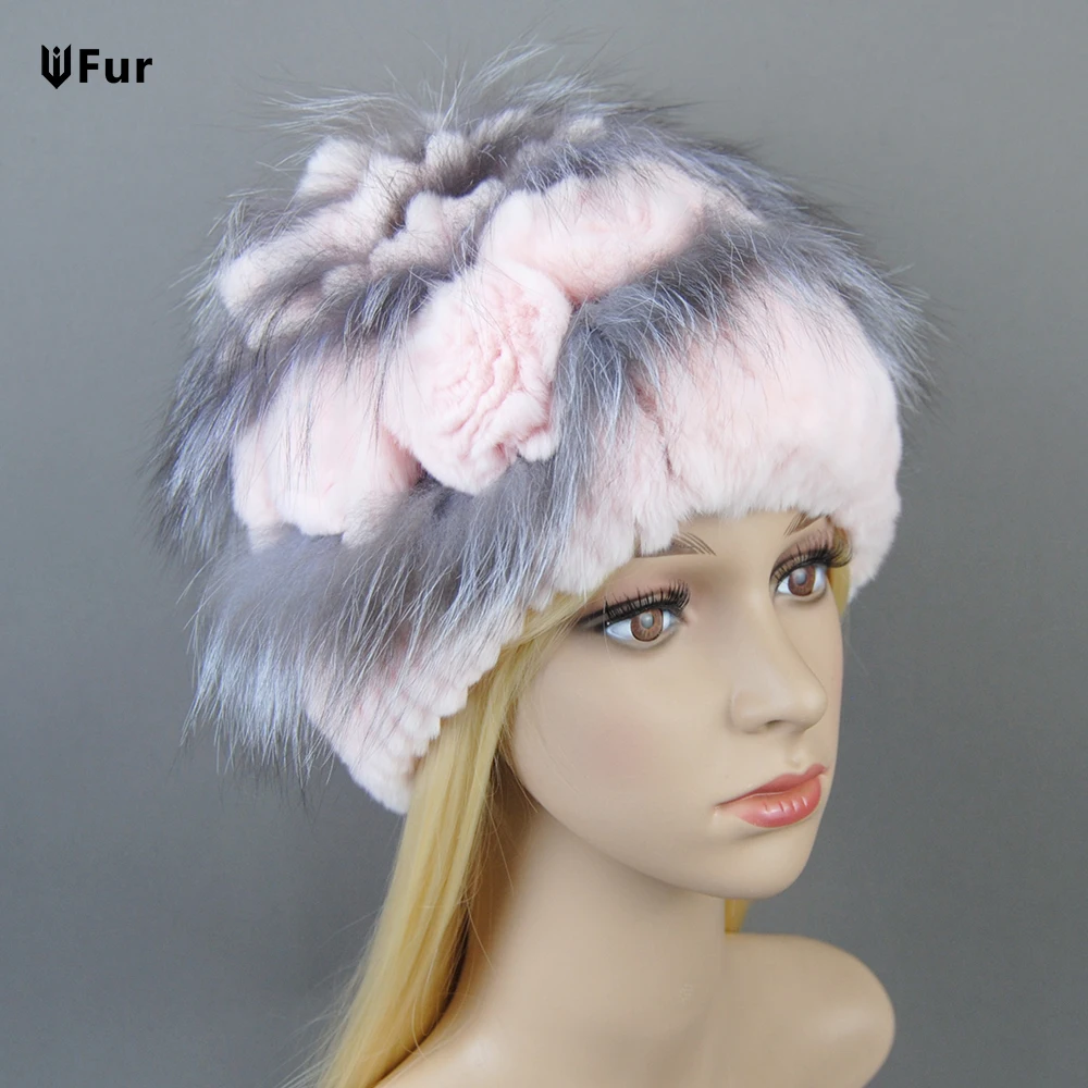 

Winter Hat Women Warm Floral Rex Rabbit Fur Knitted Beanie Striped Classic Natural Real Fur Hats