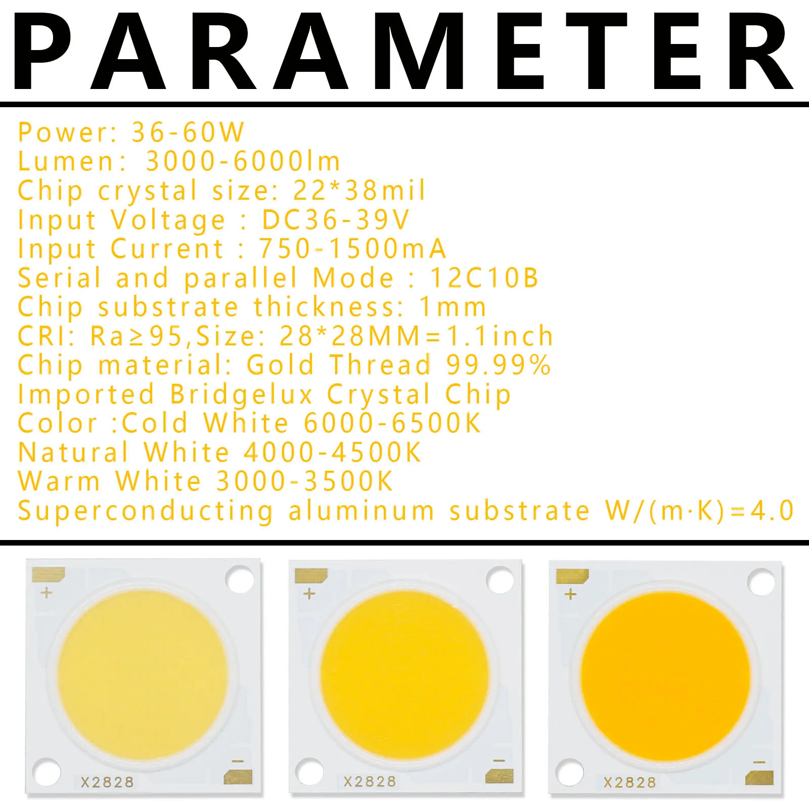 LED High Power 36-60W COB Chip DC36-39V 750-1500mA Spotlight Downlight Integrated Light Bead 28 * 28mm For indoor Bedroom DIY