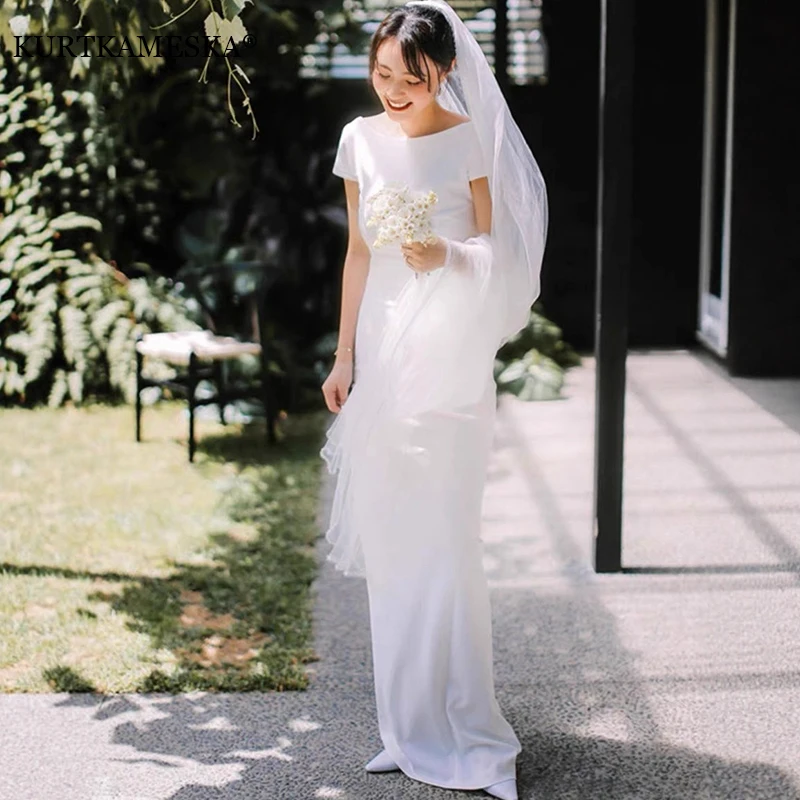 Simple Mermaid Wedding Dresses For Women Elegant Short Sleeve Bridal Gowns Korean Satin Small Train Customized Party Dresses
