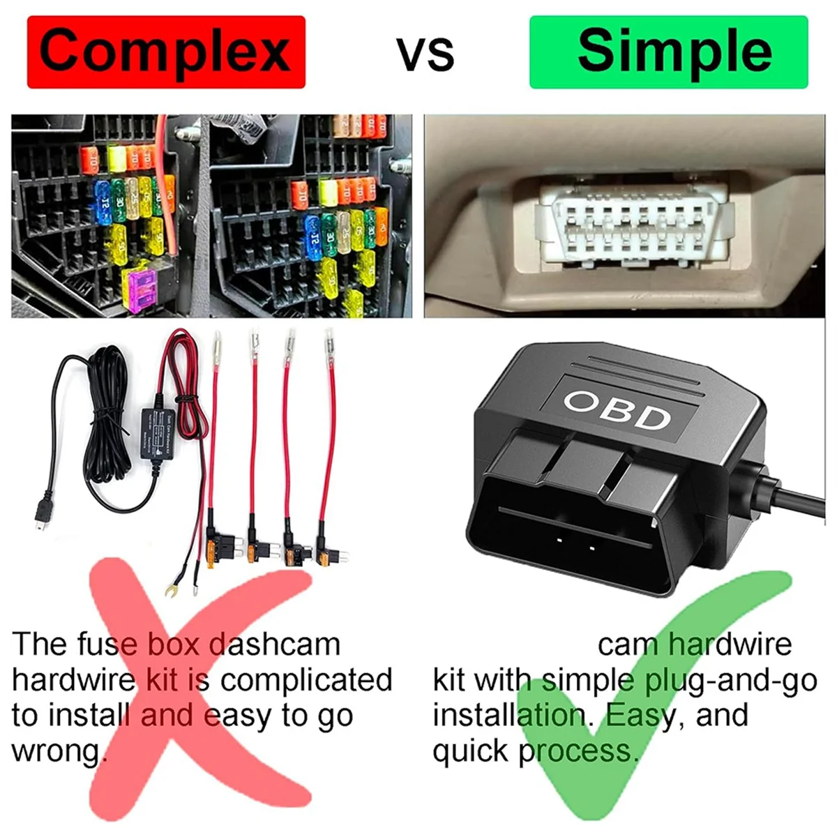 Dash Cam OBD perangkat keras, kamera dasbor USB Tipe C perangkat keras dengan kabel daya OBD untuk Dashcam 12-24v hingga 5V/3A