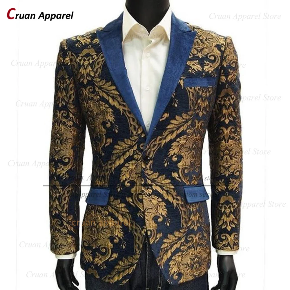 Newest Luxury Men Suit Sets 2 Pieces Fashion Party Slim Fit Printing Clothes Evening Dinner Elegant Shiny Blazer Pants Outfits