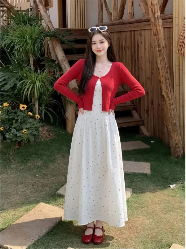 

plus Size Floral Print off Shoulder Sun Protection Slimming Dress Cover up Red Color Cardigan mid Length A-Line Silhouette