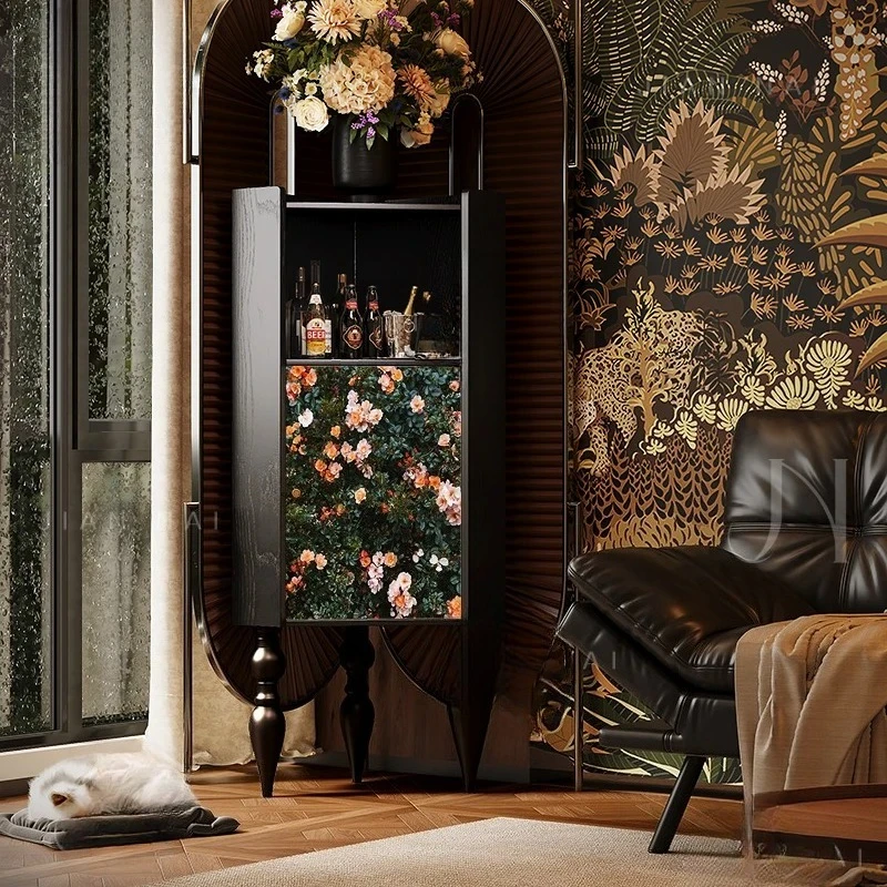 French retro flower picture Solid wood triangular cabinet Living room against the wall vertical cabinet Storage corner