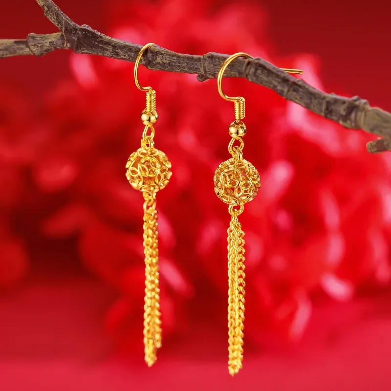 Women Temperament 9999 24K Real Gold Bridal Wedding Flower Earrings Ear Hooks Multiple Butterfly Tassel Earrings for Mother