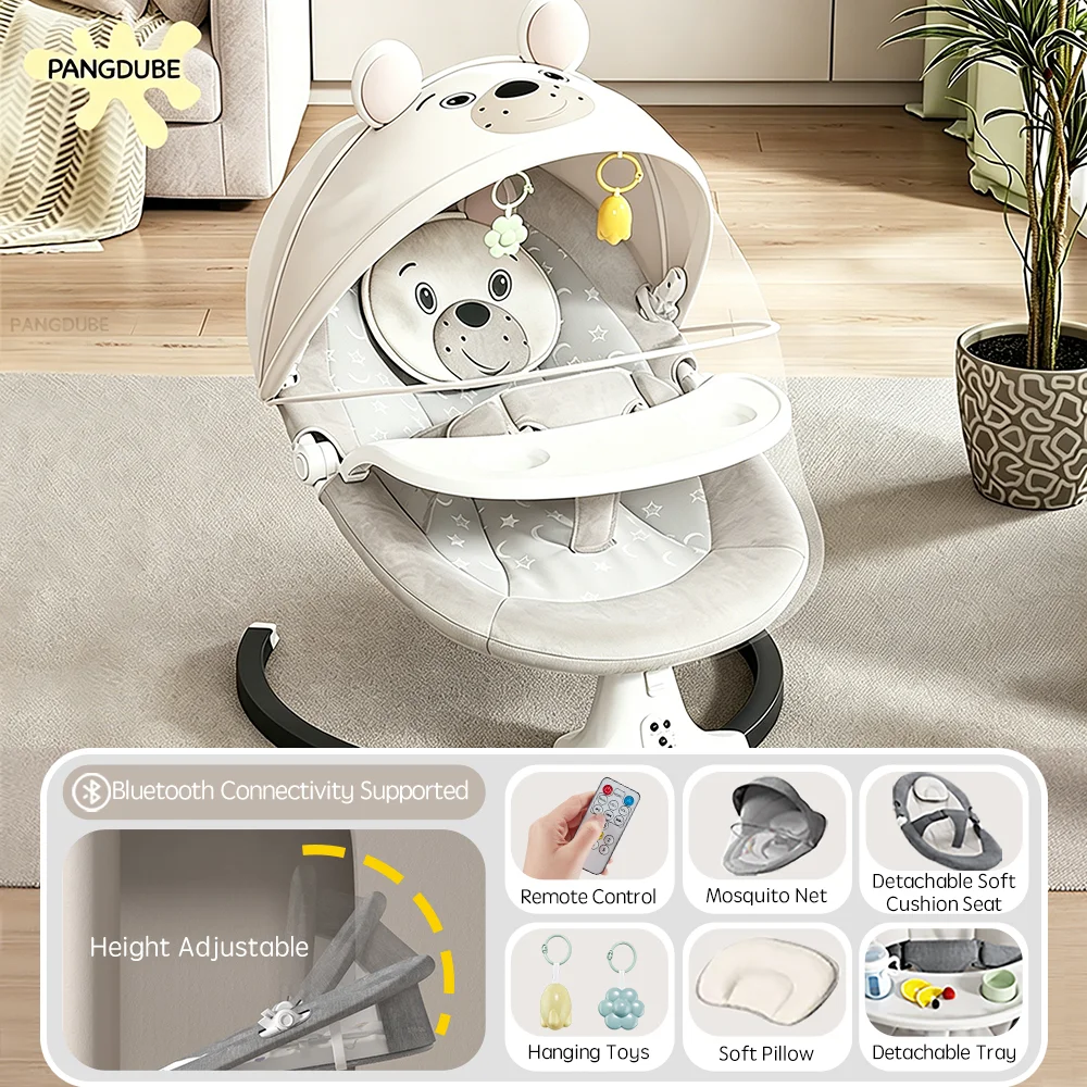 PANGDUBE Columpio eléctrico para bebés, multifuncional, con bandeja para la comida, Bluetooth o control remoto, 5 ángulos de balanceo automáticos, columpio con temporizador de 3 velocidades, con mosquitera y juguetes colgantes, cuna eléctrica portátil y plegable para bebés