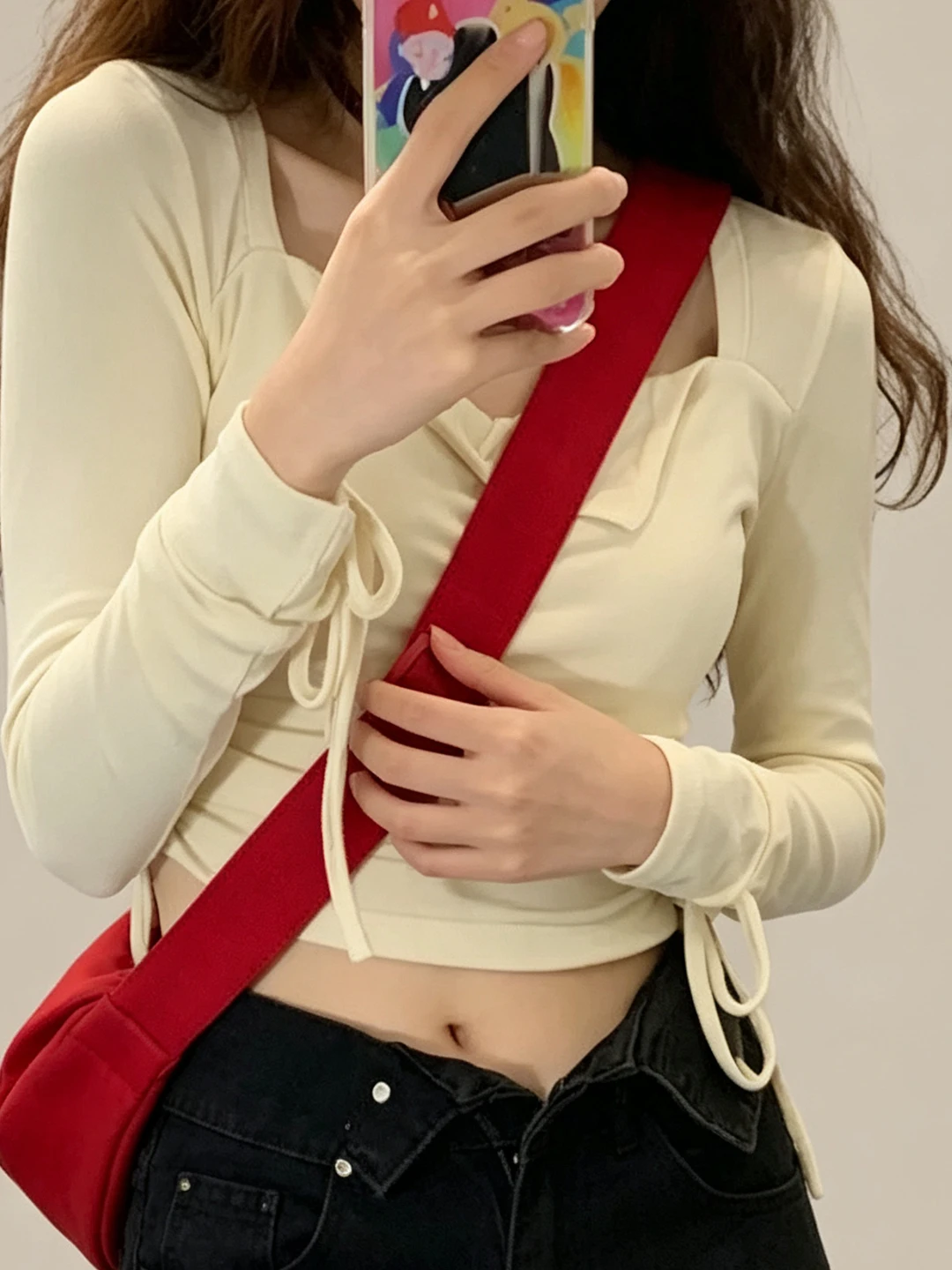 Korean Style Long Sleeve T-Shirt Women's Base Shirt Drawstring Top Asymmetrical Collar Early Autumn New Style Cotton Polyester