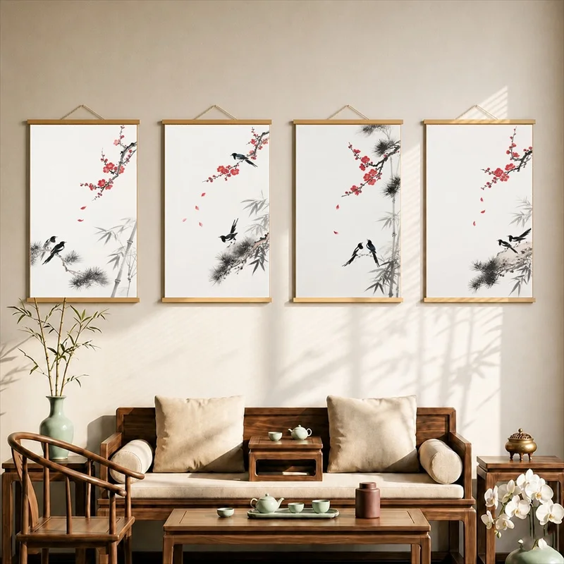 Wall Decor Ink Plum Blossoms and Magpies, Zen Minimalism Pearlescent Canvas Hanging Scroll with Wooden Rods for Tea Room