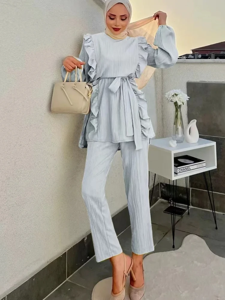 Women Eid Muslim Sets Two Pieces Kaftan Islam Ensemble Blouses Solid Ruffles Belt Wide Leg Pants Arab Casual Loose Pleated