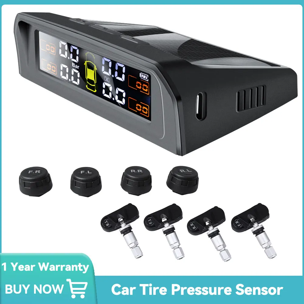 TPMS Solar Power Car Tire Pressure Monitoring System Auto Security Alarm Tyre Pressure Sensors 4 Wheel External Internal Sensor