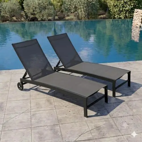 Pool Lounge Chairs with Wheels, Chaise Lounge Outdoor Set of 2 (Black) | 5-Position Adjustable Backrest,Sturdy Metal