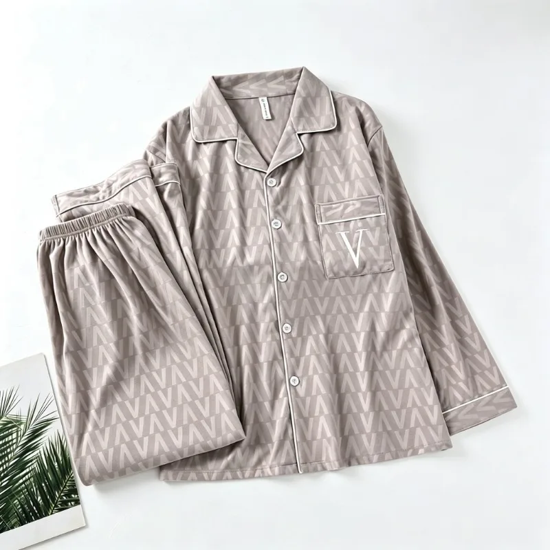 Men Autumn Winter 2Pcs Sleepwear French Pattern Lapel Neck Embroidered Letter Pajamas Set Casual Soft Simple Luxury Loungewear