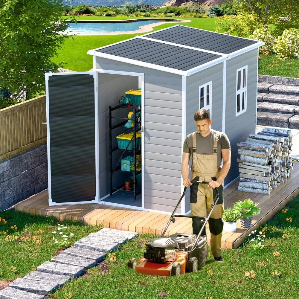 Outdoor Resin Storage Shed 8x4x6 FT Sheds Kit with Floor Included 2 Windows Lockable Door