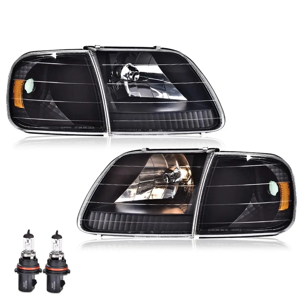 Headlights Assembly Compatible with Ford F150 1997-2003 /Fits Ford Expedition 1997-2002 Black Housing Amber Reflector with Bulbs