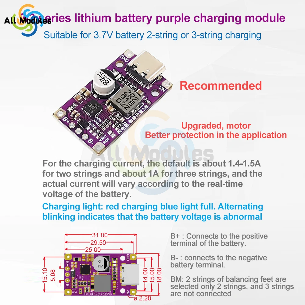 Multi-Cell 2S 3S Type-C USB Boost Converter Step-Up Power Module LiPo Polymer Li-Ion Charger Protection Board