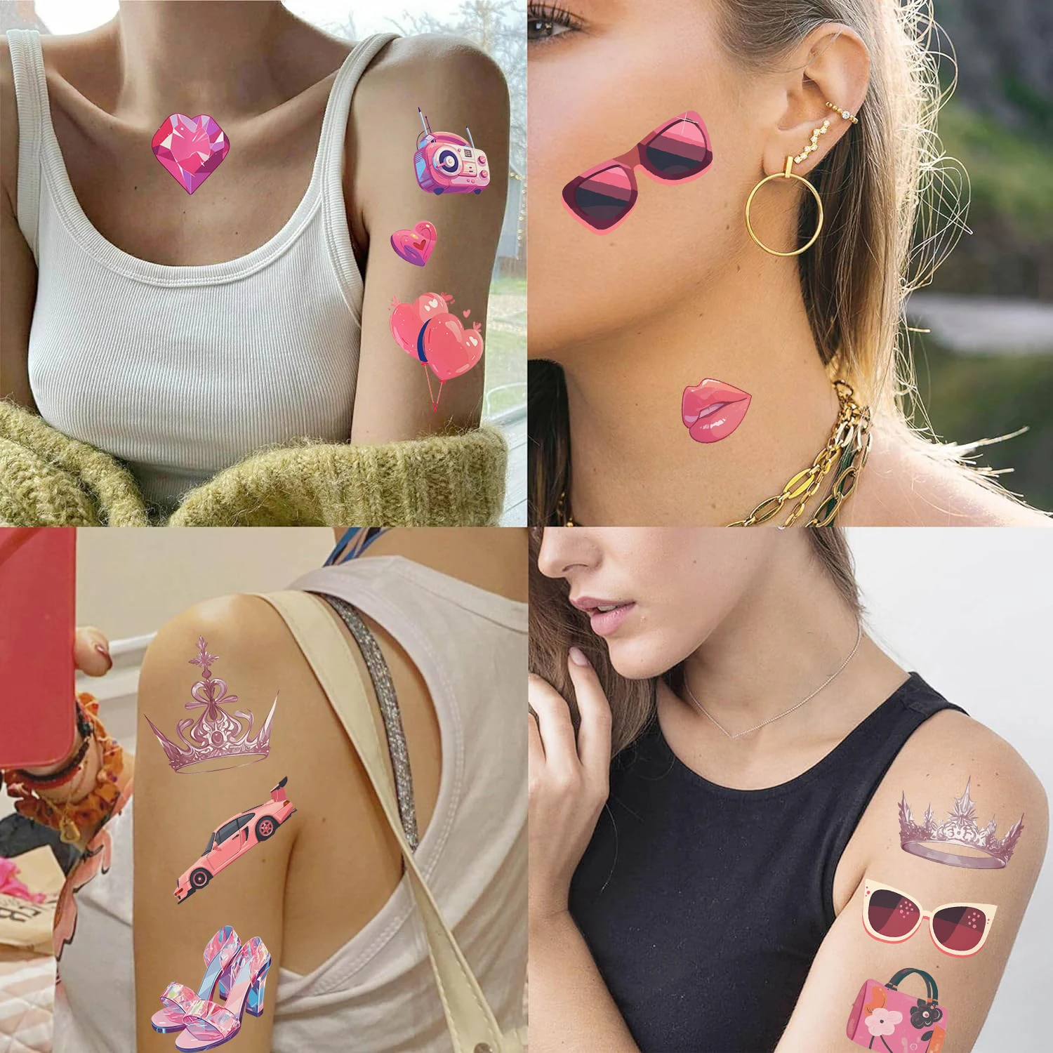 10pcs Pink Girls Party Waterproof Temporary Tattoo Sticker Cartoon Colorful Tatto For Kids Arm Body Art Fake Tattoos﻿