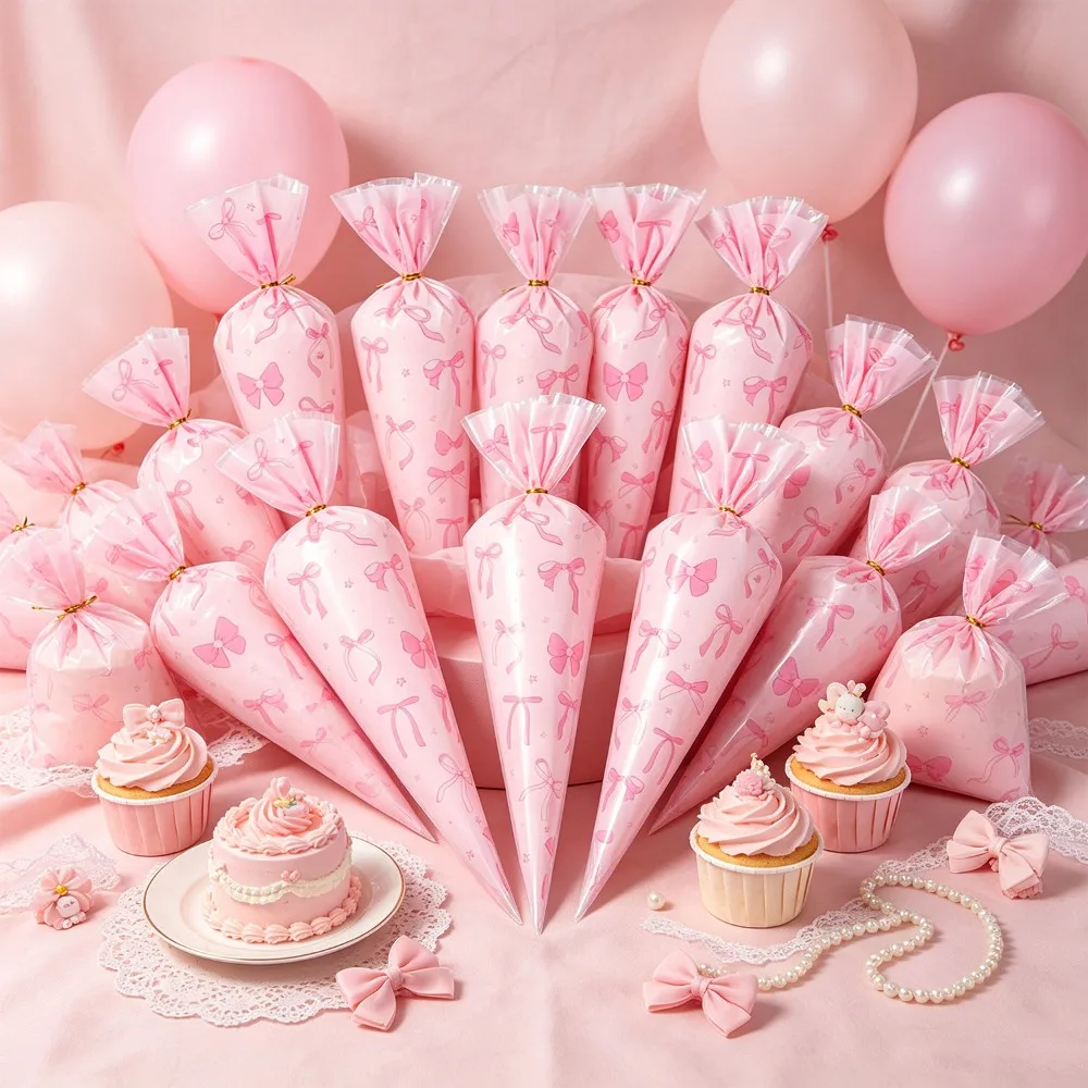 Sacs à bonbons en forme de cône rose avec nœud, 25 à 100 pièces, pour fête d'anniversaire, mariage, Noël, Nouvel An, souvenir, emballage cadeau, décoration