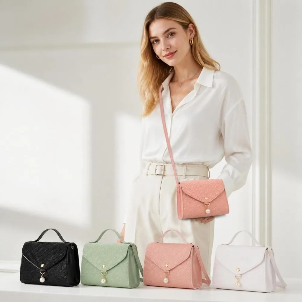 Sweet PU Leather Crossbody Bag Adjustable Shoulder Strap Pearl Bead Square Bag Small Shoulder Bag Daily Use