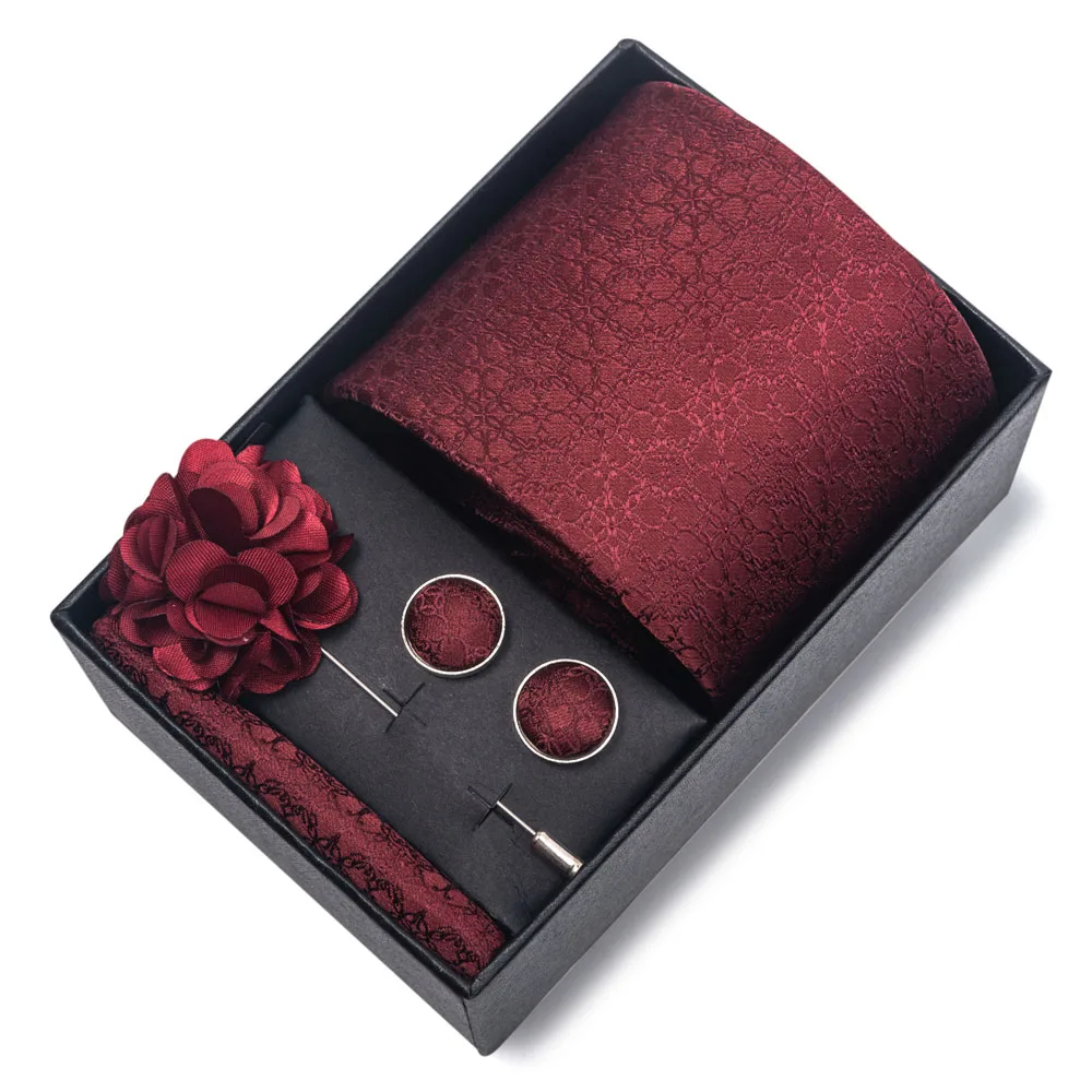 Hurtownia Pudełko na prezent Moda 8 cm Czerwony krawat Paisley Zestawy męskie Gravata Chusteczka Spinki do mankietów Krawat ślubny Dopasowanie Formalne przyjęcie