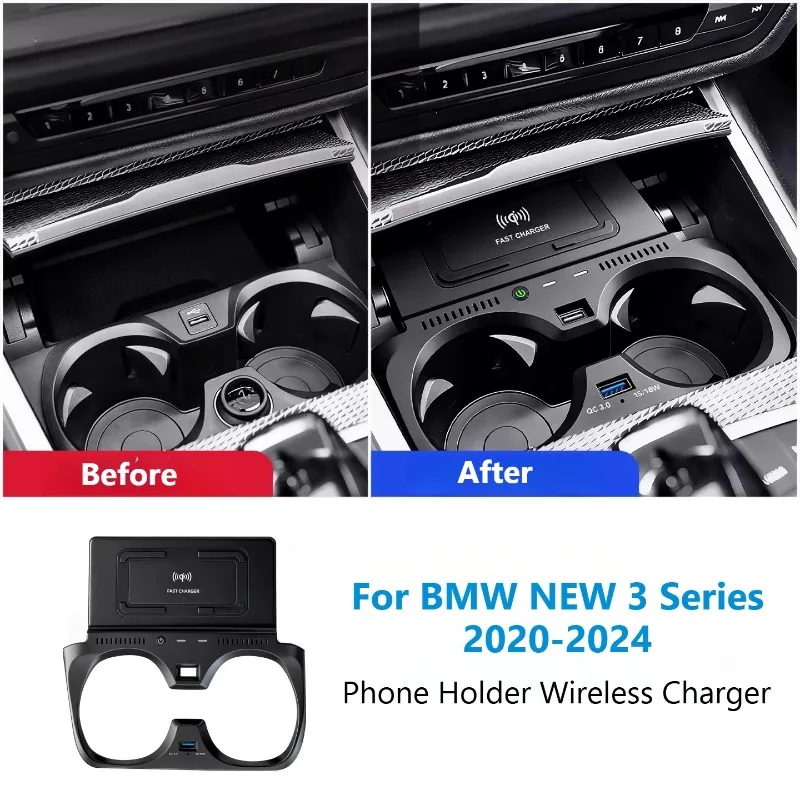 Carregador Sem Fio para BMW Nova Série 3 2020-2024, Suporte Inteligente para Celular no Console Central do Carro, Base de Carregamento Rápido