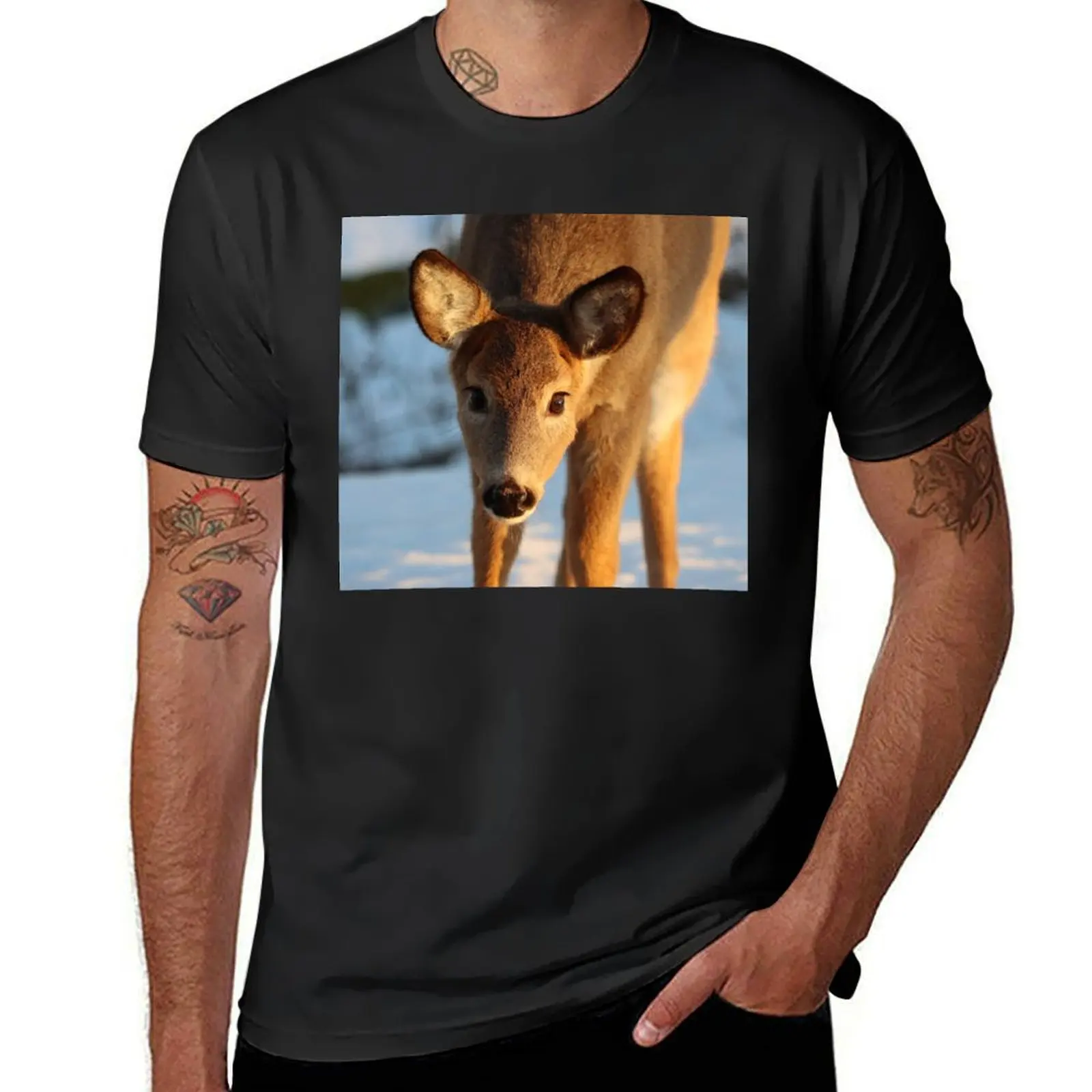 Curious Young Whitetail Doe in Winter T-shirt heavyweights anime blacks men graphic t shirts