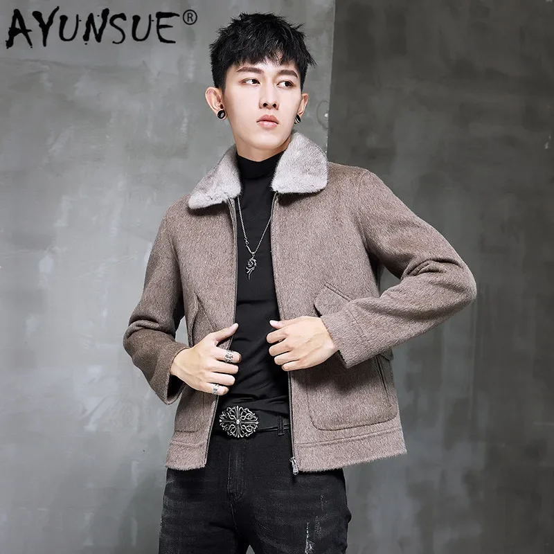 

AYUNSUE Spring Autumn Wool Coat Men Double-sided Alpaca Jacket Mink Fur Collar Mens Coats and Jackets Overcoat 1970B KJ3859