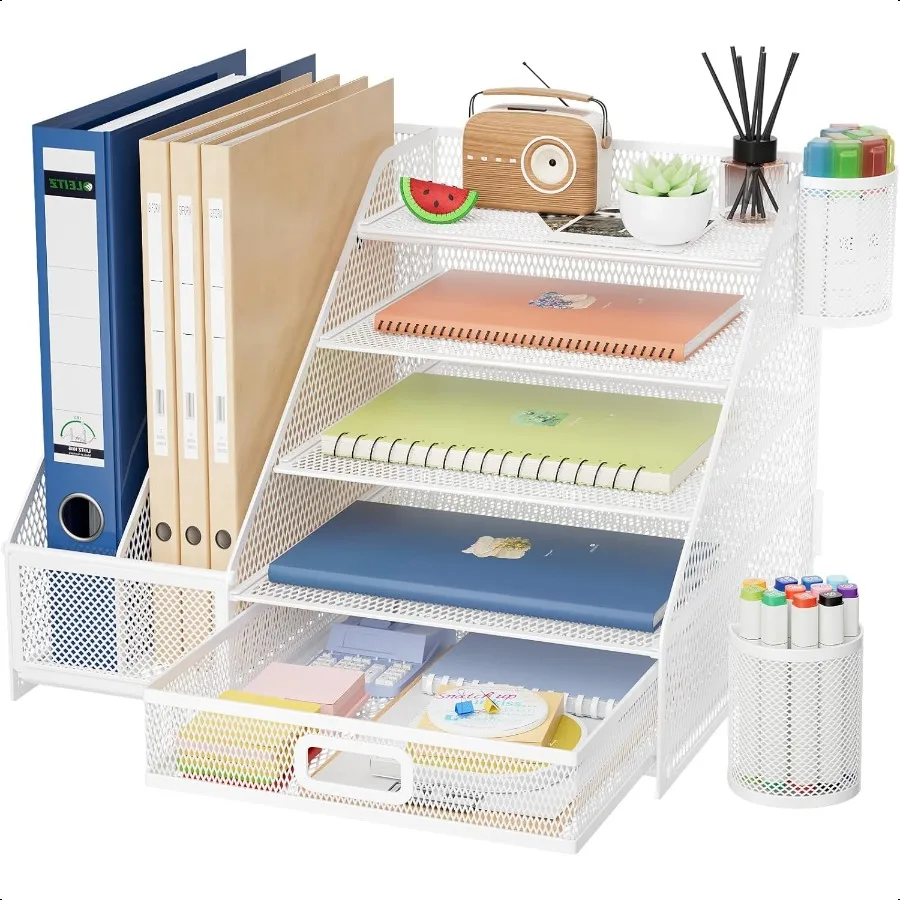 

Настольный органайзер Marbrasse с держателем для файлов, 5-уровневый органайзер для бумажных лотков для писем с ящиком и 2 держателями для ручек, сетчатые настольные органайзеры a