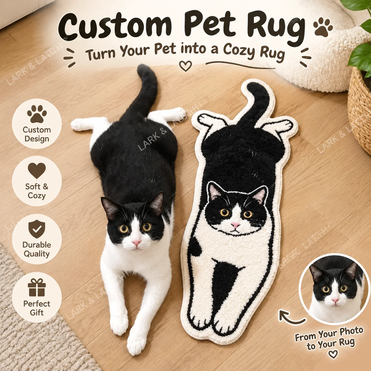Custom Pet Shaped Rug Personalized Cat Bath Mat, Cute Tufted Animal Photo Bedroom Carpet, Soft Non-Slip Washable Door Floor Rug