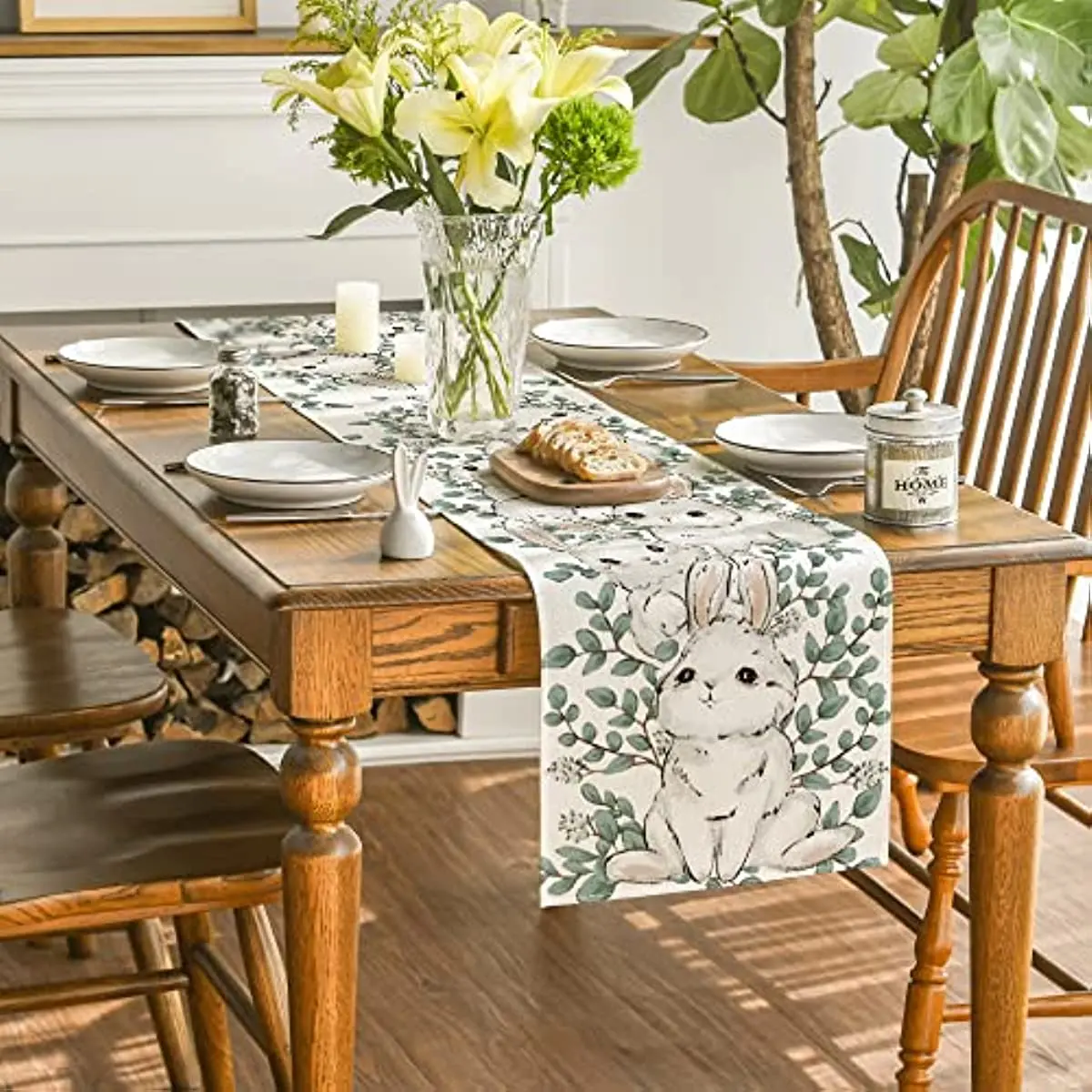 

Bunny Rabbit Leaves Flowers Easter Table Runner Holiday Spring Kitchen Dining Table Decoration for Home Party Coffee Table Decor