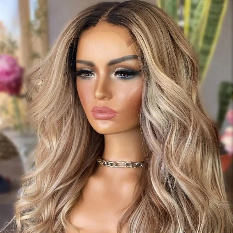 

Synthetic Blend Human Hair Wig Ombre Blonde Brown Ash Lace Front Wig Long 13x4 Glueless PrePlucked Hairline Cosplay Futura Fibre