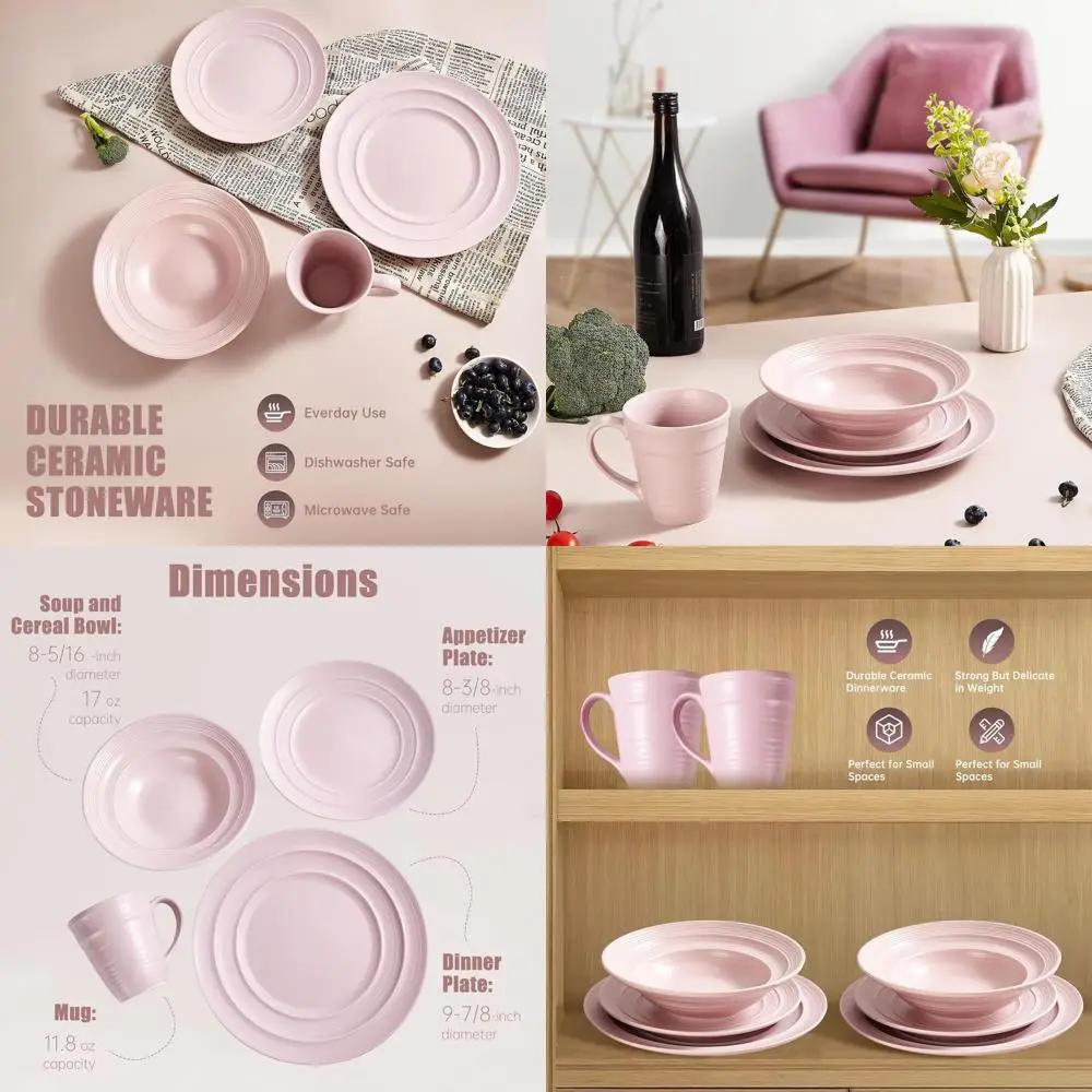

4-Piece Mauve Ceramic Dinnerware Set: Mugs, Bowls, and Plates