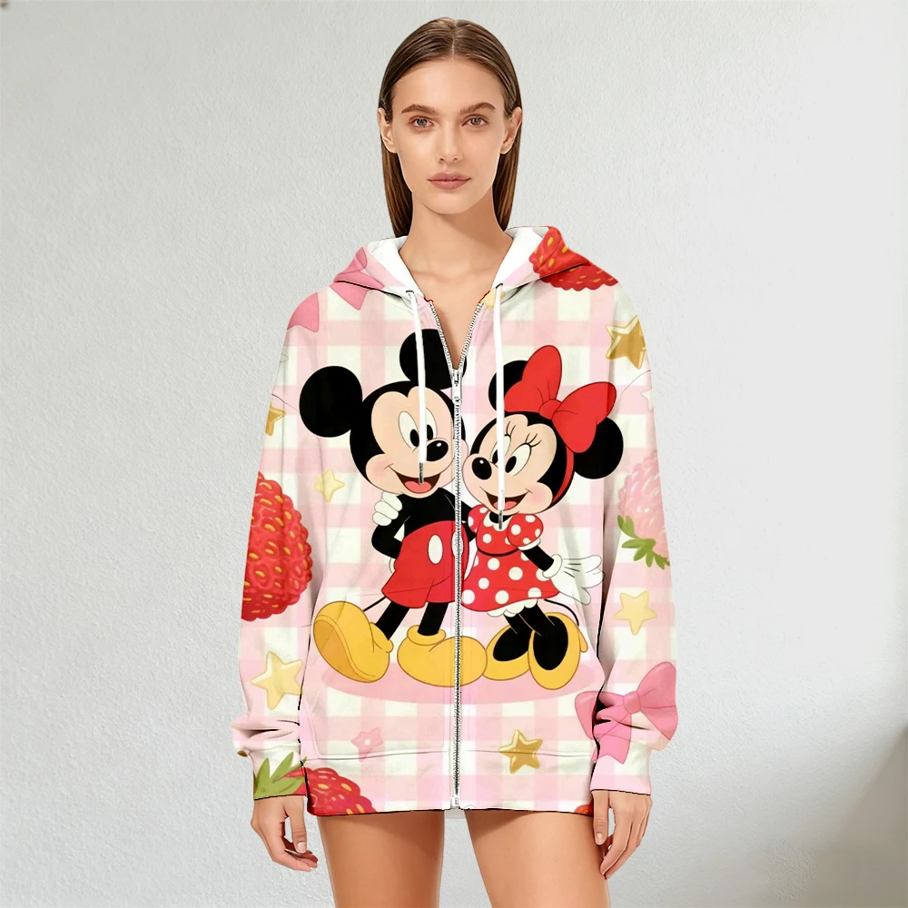 Sudadera con capucha y cremallera de Mickey y Minnie Mouse de Disney para mujer, ropa de calle informal con estampado de fresas y cuadros, moda de otoño e invierno
