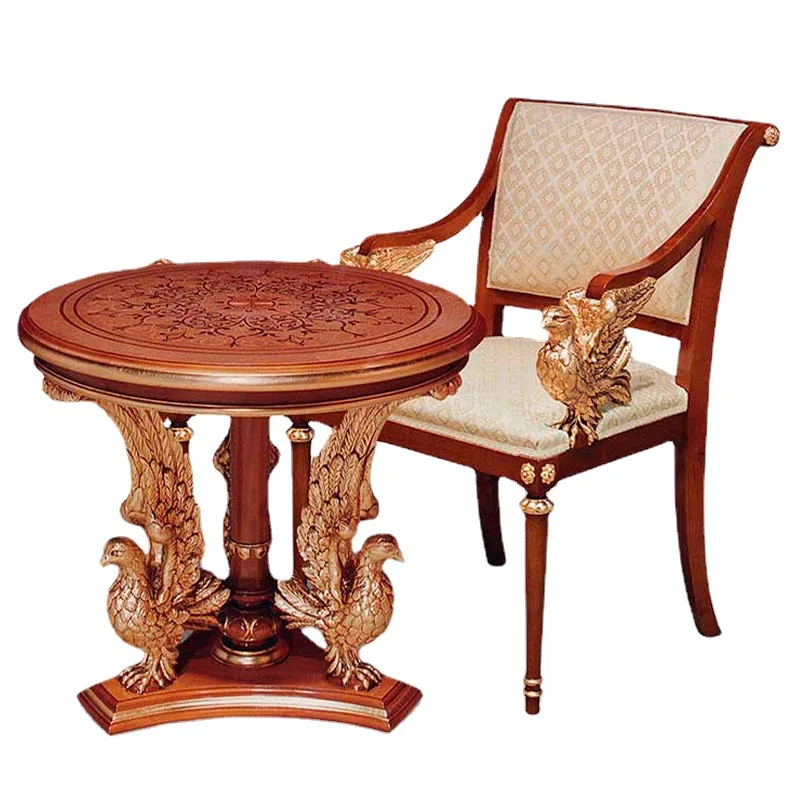 

European leisure chair tea table three-piece set of solid wood carving flower fabric image chair negotiation chair