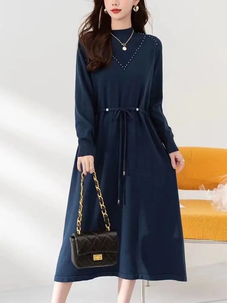 

Уютное вязаное платье-свитер средней длины больших размеров для женщин: осенне-зимняя модная повседневная модель, скрывающая живот