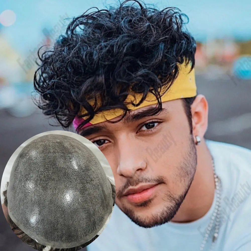 

Прочный тонкий базовый материал, естественная линия роста волос, 24 мм, кудрявые, поддающиеся укладке, человеческие волосы, мужской парик, серый, черный, коричневый, протез для волос