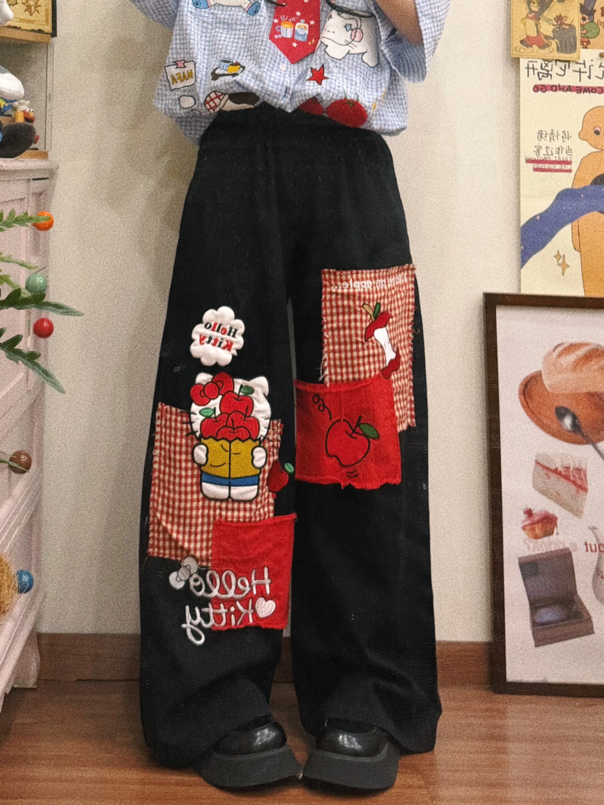 BIBULU Street Sle American Retro Cartoon Patchwork Embroidered Wide Leg Pants Loose Bla Long Straight Cut Trousers for Women