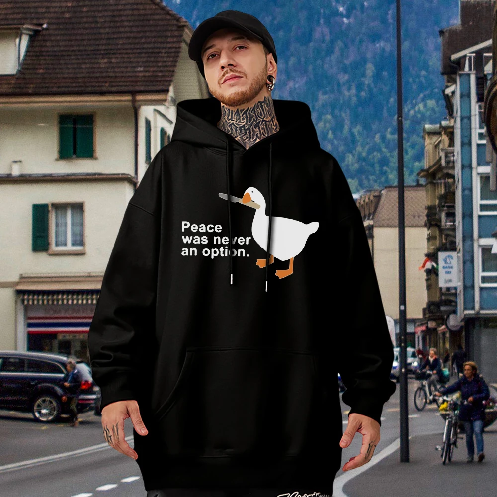 

Peace Was Never An Option Big White Goose Print Sweatshirt For Men Fleece Personality Cotton Hooded Simple Casual Couple Clothes