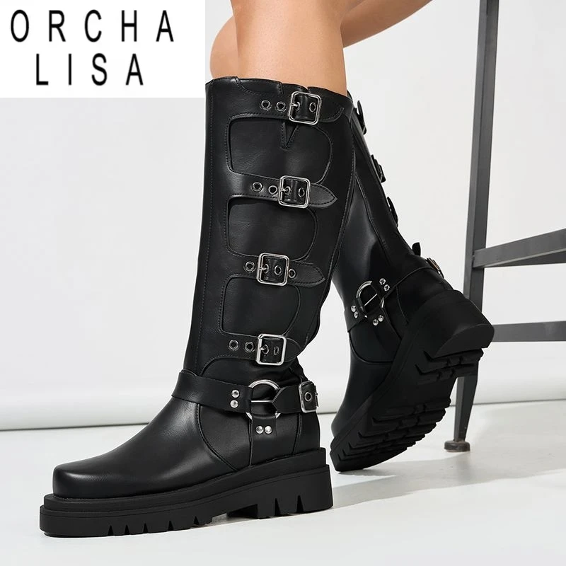 

ORCHA LISA 2026 Роскошные женские ботинки с круглым носком на блочном каблуке 5 см на платформе без шнуровки с пряжками на ремне Плюс Размер 41 42 43 Модная повседневная обувь