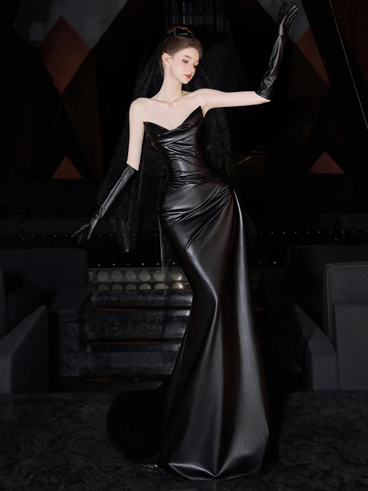 

Ele Bla Leather Skirt Evening Gown Wedding Morning Robe Women's New Bride Drinking Ceremony Dr Sexy Long Tail Fi T...