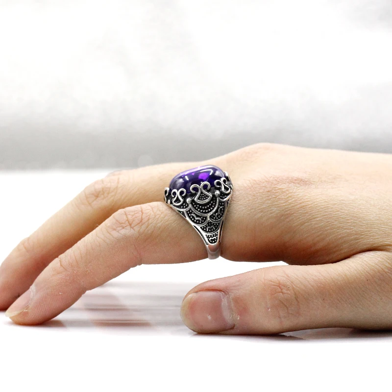 خاتم مصنوع يدويًا من الفضة الإسترليني للرجال والنساء ، مجوهرات عتيقة ، حفلة عيد الميلاد ، هدية الذكرى السنوية ، زركون أرجواني AAA #6