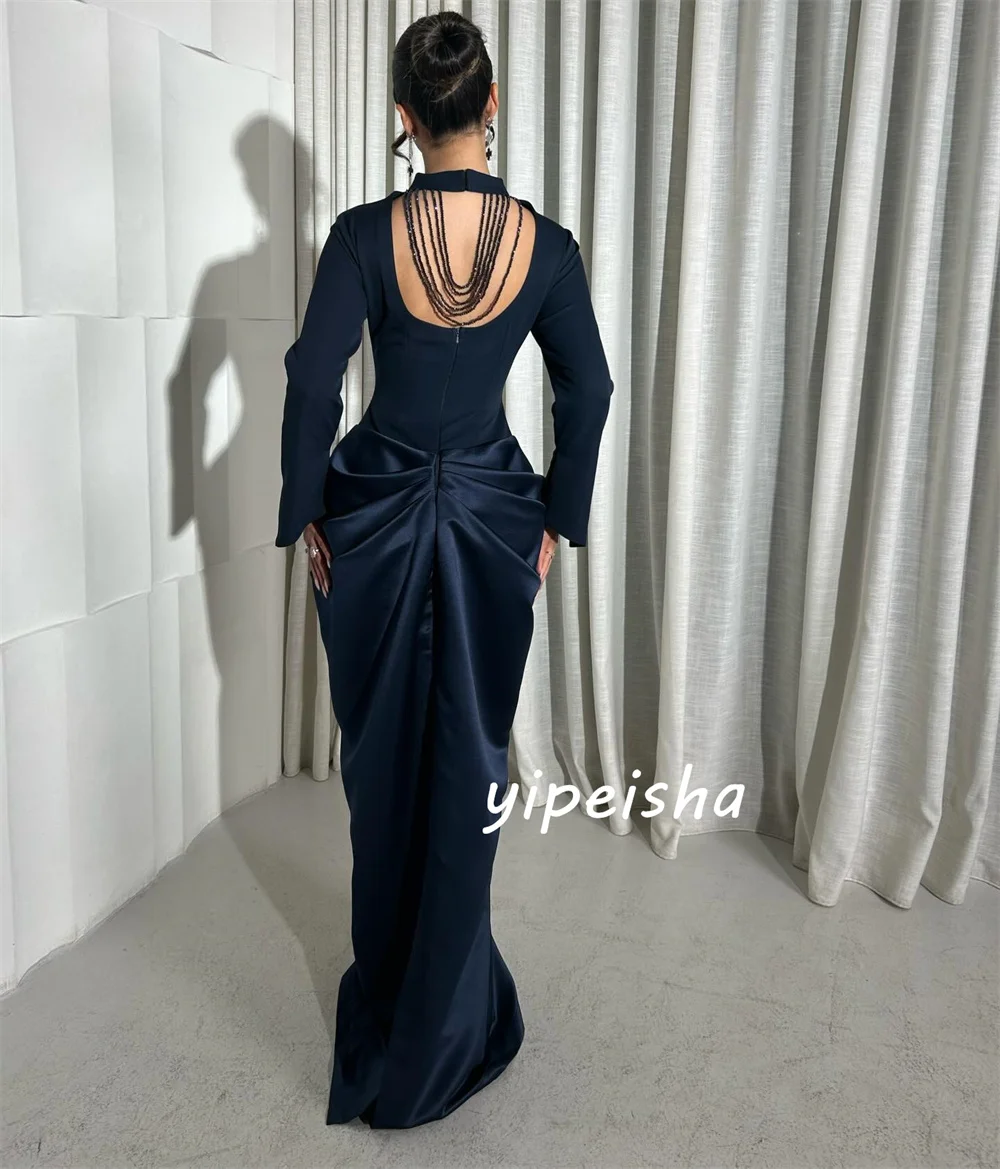 

Customized Exquisite Casual Jersey Pleat Beading Sequined Draped Mermaid High Collar Floor-Length Evening Dresses for Woman