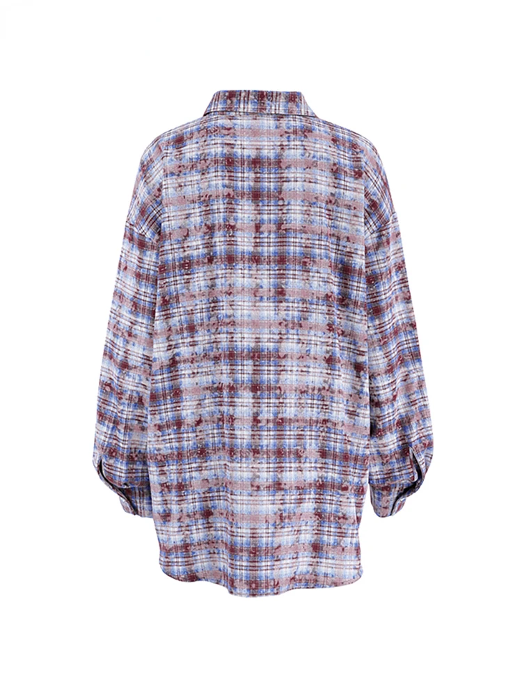 Fashion Distressed Plaid Shirts Blouses Women Spring Purple Office Lady Loose Shirts Cotton Long Sleeve Blouses 2024