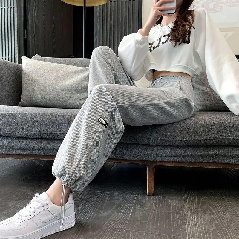 

Summer New Sport Pants Women Casual Loose Highstreet Elastic Waist Pocket Wide Leg Ankle Banded Solid Color Sweatpants Female