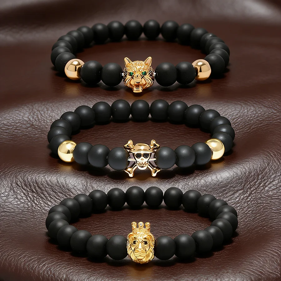 Conjunto de 3 Pulseras de Cuentas con Calavera de Lobo y León, de Lujo, para Hombre, 8mm, Piedra Mate de Grado A, Energía Curativa, Amuleto, Joyería Masculina