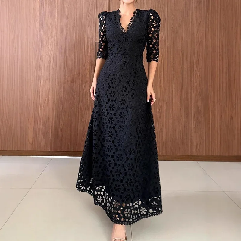 

Elegant Women V Neck Lace Slim Party Dress 2025 Spring Summer High Waist Hollow Holiday Dress Casual Half Sleeve Commuter Dress