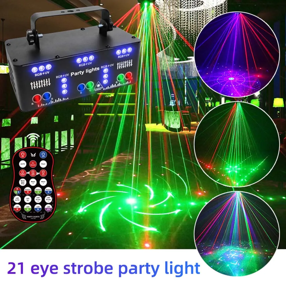 

21 Hole RGB Party DJ Disco Beam Patterns Stage Laser Light Projector RGB UV LED Strobe Sound