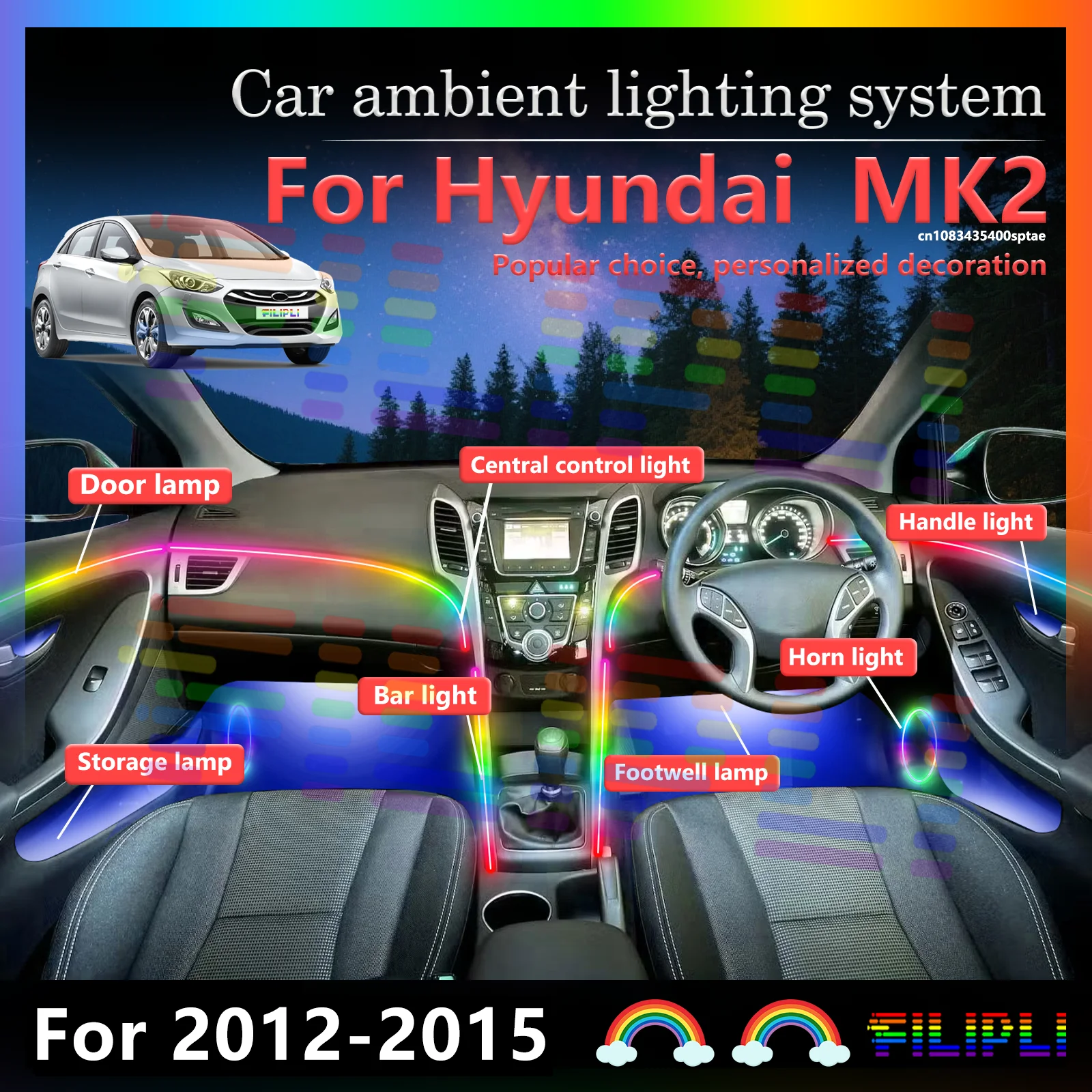 10 In1 for Hyundai i30 MK2 GD Car LED Ambient Lamps Colorful Atmosphere Lights Auto Interior Neon Strip 64 RGB Lighting 12V APP