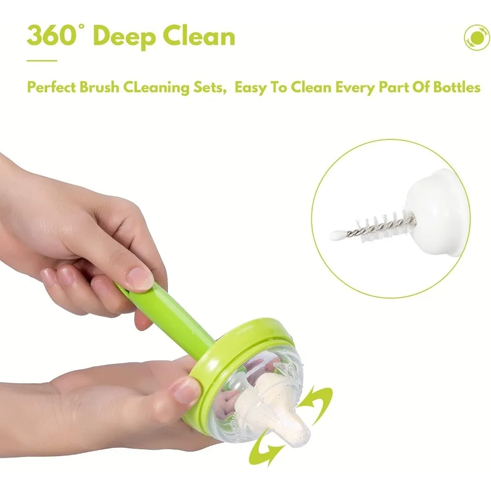 Sikat botol spons, sikat botol bayi dengan pembersih, kepala pengganti dan sikat sedotan, hijau