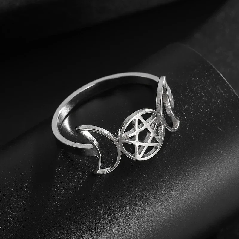 Creative Personality Charm Double Moon Five-Pointed Star Stainless Steel Ring Men and Women Party Amulet Jewelry Accessories