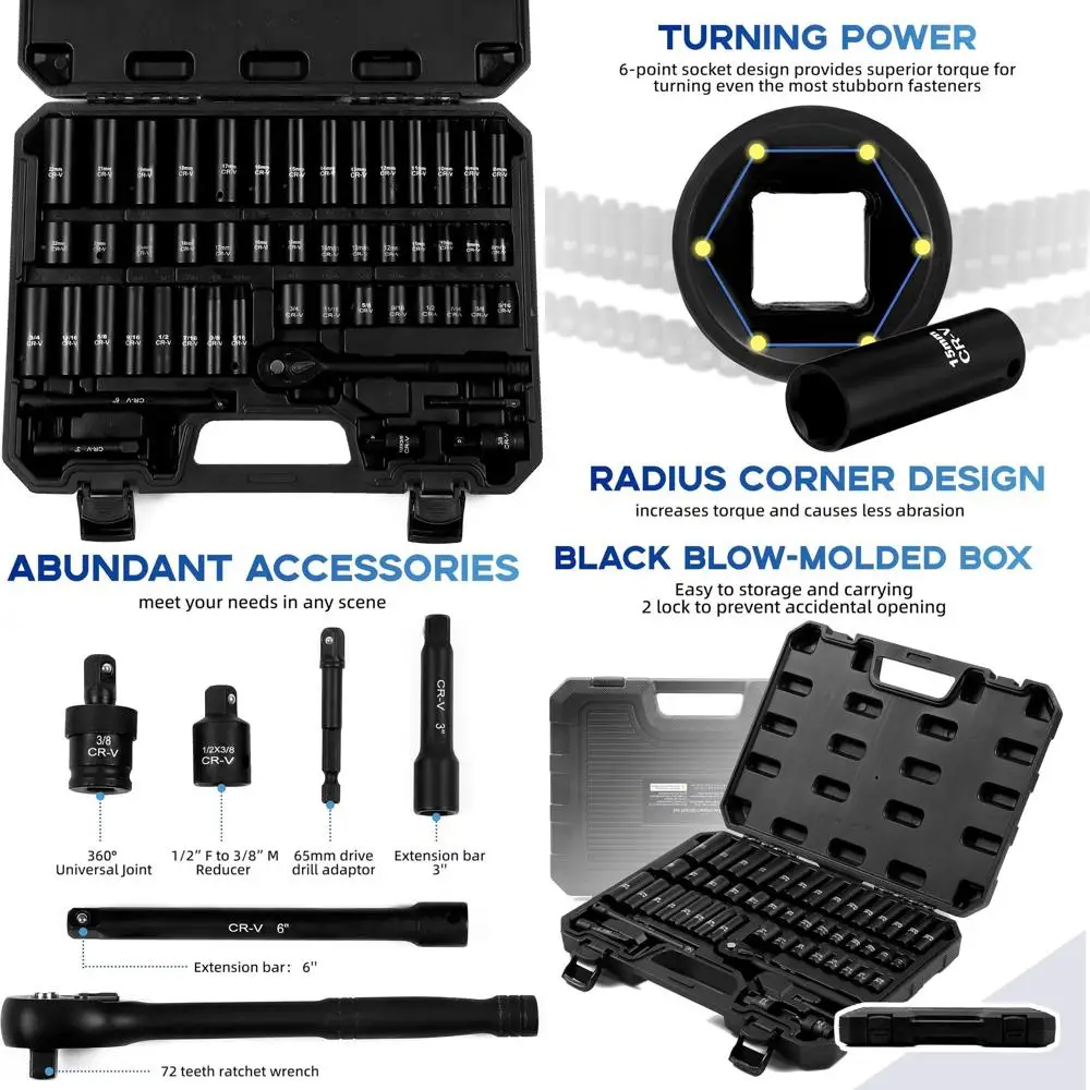 

50-Piece 3/8" Drive Socket Set, SAE (5/16"-3/4") & Metric (8mm-22mm), Deep & Shallow, 72-Tooth Ratchet Wrench, Extension Bars, 1
